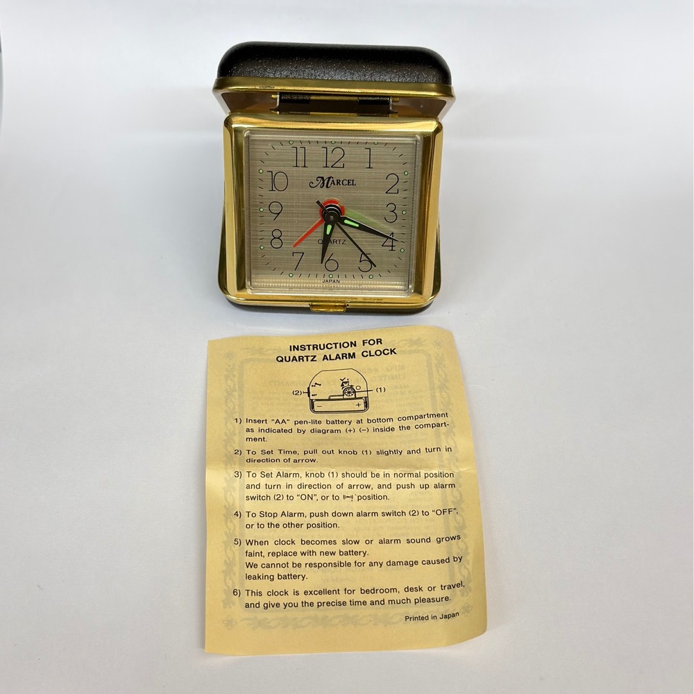 Vintage Marcel Folding Travel Alarm Clock Quartz Japan Black Gold Case Retro